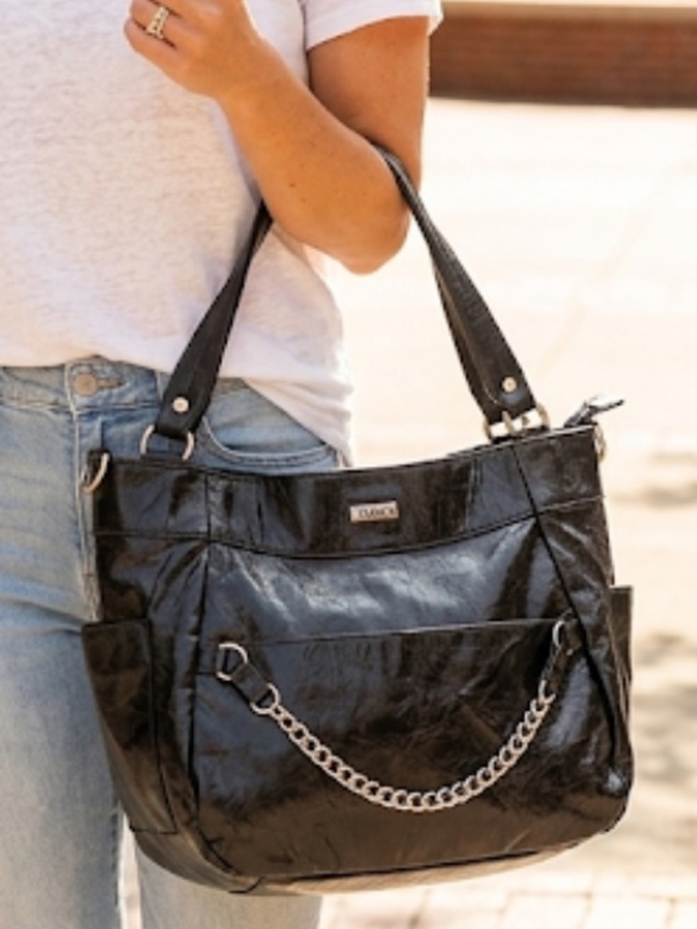 MICHE Black Shoulder Bag Chain Accent Camel Color Lining 
Large MICHE Bag Purse